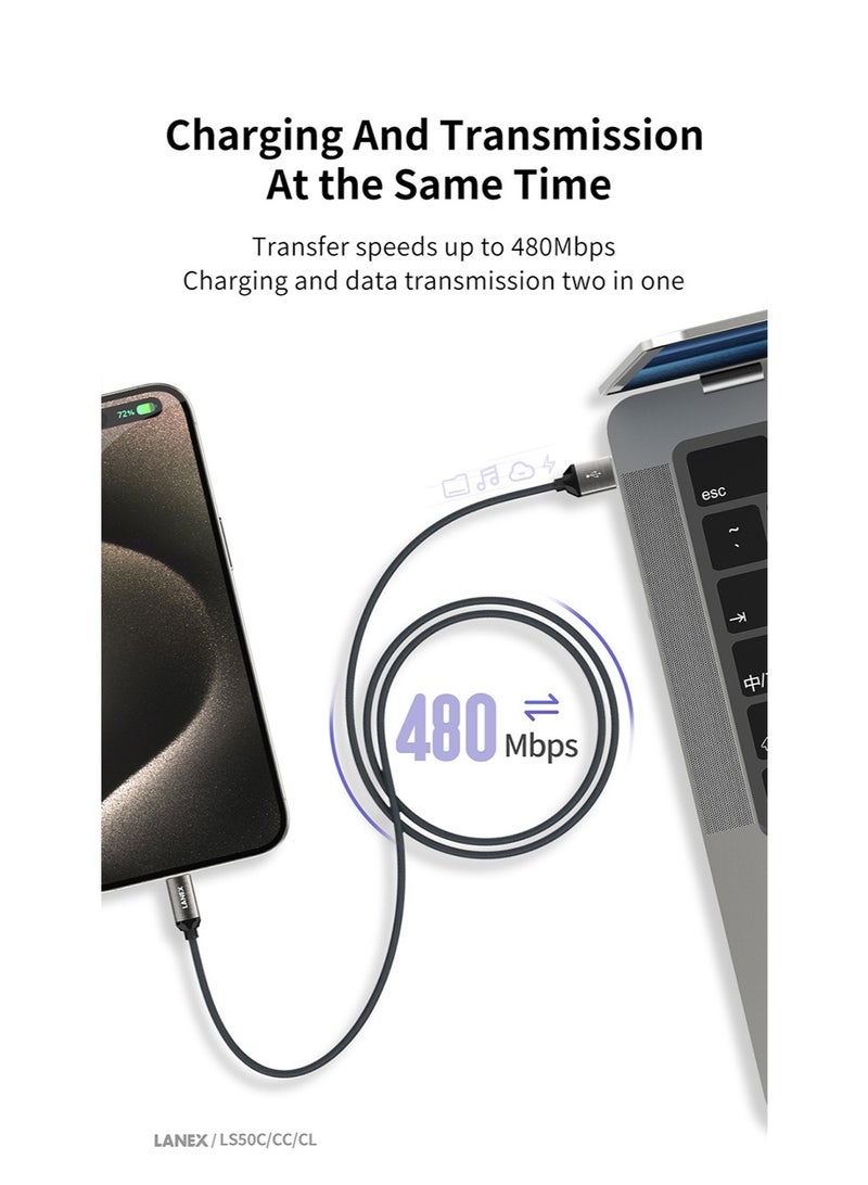 LANEX Lanix LS56CL 30W PD Fast Charging Cable, 2m Braided Fabric, USB C to Lightning Compatible with iPhone 14, 14 Plus, 14 Pro, 14 Pro Max, iPhone 13, 12, 11, XS, Pro Max, Pro, Mini, SE, iPad 9, Black - Image 2