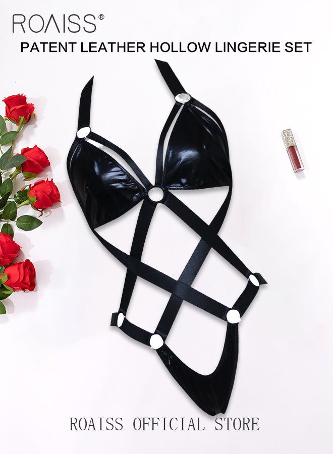 roaiss 3 Point Underwear Set for Women One Piece Leather Halter Slim Fit Lingerie Set with Staggered Straps to Show Your Body Curves Ladies Slim Fit Bodysuit with Fancy Dressing Design  - Image 1