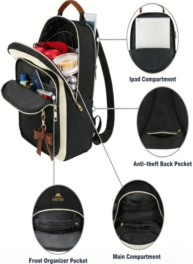 MATEIN Mini Backpack Purse for Women, Fashion Small Purse Backpack with USB Charging Port, Waterproof Casual Daily Cute Shoulder Bag Ladies Handbags for Travel Work College, 2pcs Sets, Black-Beige - Image 3