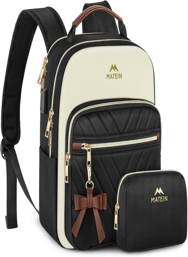 MATEIN Mini Backpack Purse for Women, Fashion Small Purse Backpack with USB Charging Port, Waterproof Casual Daily Cute Shoulder Bag Ladies Handbags for Travel Work College, 2pcs Sets, Black-Beige - Image 1