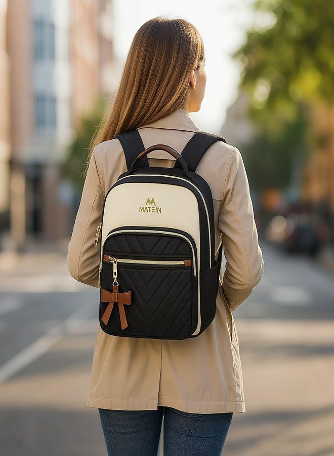 MATEIN Mini Backpack Purse for Women, Fashion Small Purse Backpack with USB Charging Port, Waterproof Casual Daily Cute Shoulder Bag Ladies Handbags for Travel Work College, 2pcs Sets, Black-Beige - Image 2