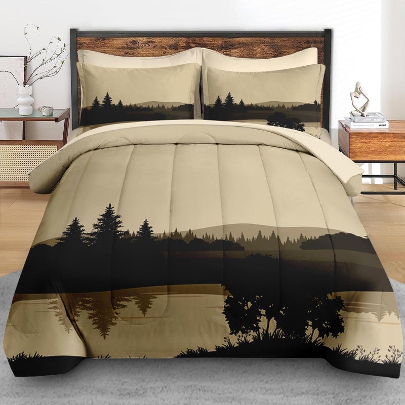 Pamnest Comforter Set Full Size, Mountains Tree Woodland 7 Pcs Bedding for Kids and Adults, Lake Summer Wood Bed Sheet Sets with Fitted Sheet 2 Pillowcases & 2 Shams for Bedroom Bed Decor - Image 3
