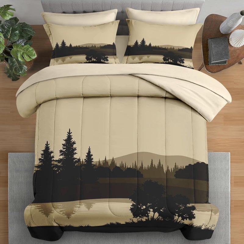 Pamnest Comforter Set Full Size, Mountains Tree Woodland 7 Pcs Bedding for Kids and Adults, Lake Summer Wood Bed Sheet Sets with Fitted Sheet 2 Pillowcases & 2 Shams for Bedroom Bed Decor - Image 1