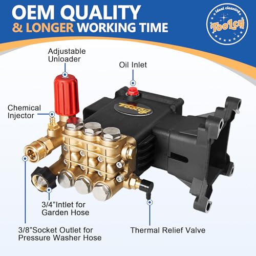 TOOLCY Pressure Washer Pump 3600-4200 PSI Max, Replacement Pump 4 GPM, Triplex Plunger, Horizontal 1" Shaft Gas Power Washer Pump with Pressure Adjustment Unloader & Chemical Injection, Direct Drive - Image 4