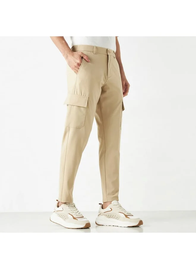 Iconic Iconic Solid Flexi Waist Cargo Pants with Button Closure