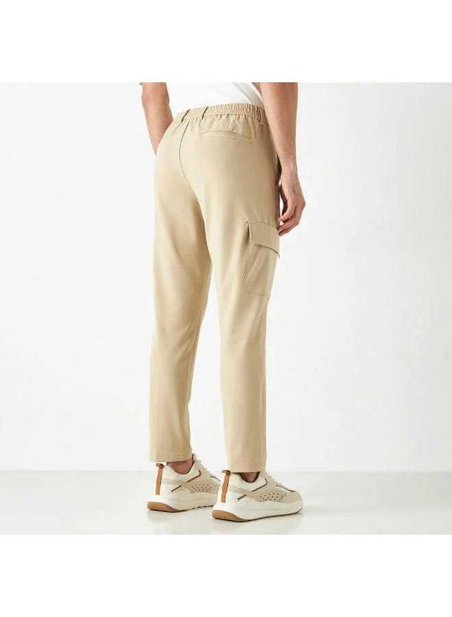 Iconic Iconic Solid Flexi Waist Cargo Pants with Button Closure