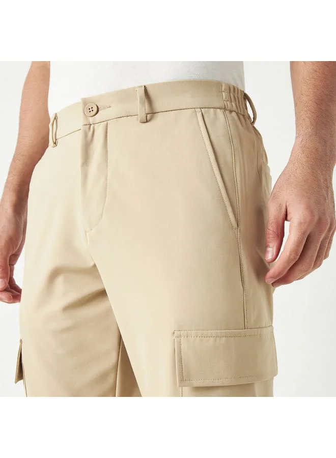 Iconic Iconic Solid Flexi Waist Cargo Pants with Button Closure