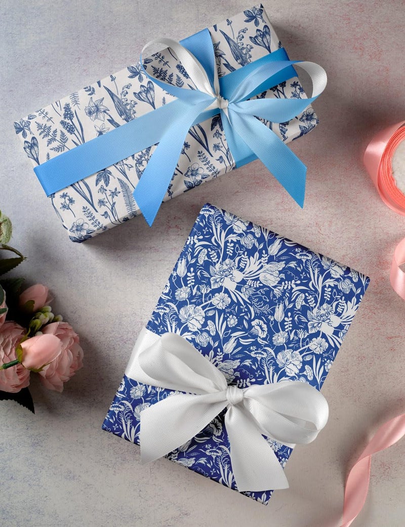 ZINTBIAL Blue White Floral Wrapping Paper for Women, Girls - Gift Wrap With Flowers and Plants for Birthday Wedding Bridal Shower - 20 x 29 Inches, 8 Folded Sheets, Easy to Store… - Image 4