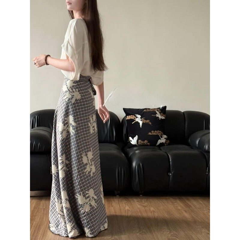 Chinese Style Floral Print Wrap Skirt - Viscose A-Line Long Skirt - Image 3