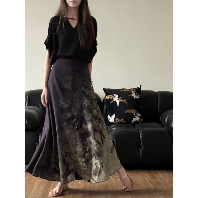 Chinese Style Floral Print Wrap Skirt - Viscose A-Line Long Skirt - Image 5
