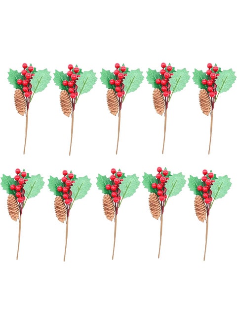 dophee 10Pcs Artificial Berry Branch Red Berry Green Leaves with Pinecone for Christmas Tree DIY Crafts Holiday Home Kitchen Wedding Decorations Floral Arrangement Table