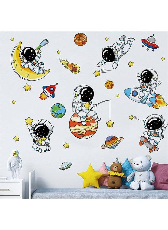 erorex Lovely Astronauts And Planet Wall Decals Universe And Stars Wall Sticker Space Art Wall Clings Removable Vinyl Stickers For Nursery Living Room Bedroom Tv Sofa Background Decoration Murals  - Image 1