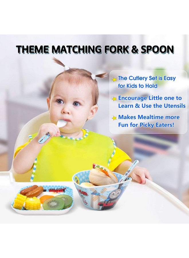 Finex Thomas Transport Fans 5 Pcs Set Cartoon Durable Tableware Meal Dishes Mealtime Food Feeding Eating Set includes Dinner Serving Bowl Plate Cup with a Matching Spoon and Fork - Image 2