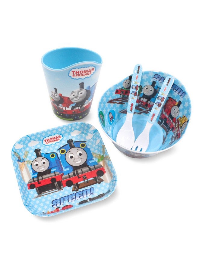 Finex Thomas Transport Fans 5 Pcs Set Cartoon Durable Tableware Meal Dishes Mealtime Food Feeding Eating Set includes Dinner Serving Bowl Plate Cup with a Matching Spoon and Fork - Image 1