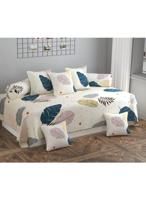 Castiqa Microfiber Fabric Abstract Design Diwan Set Ivory Cream Buds Large 1 Bedsheet 2 Bolster Covers 5 Cushion Covers 8 Pieces