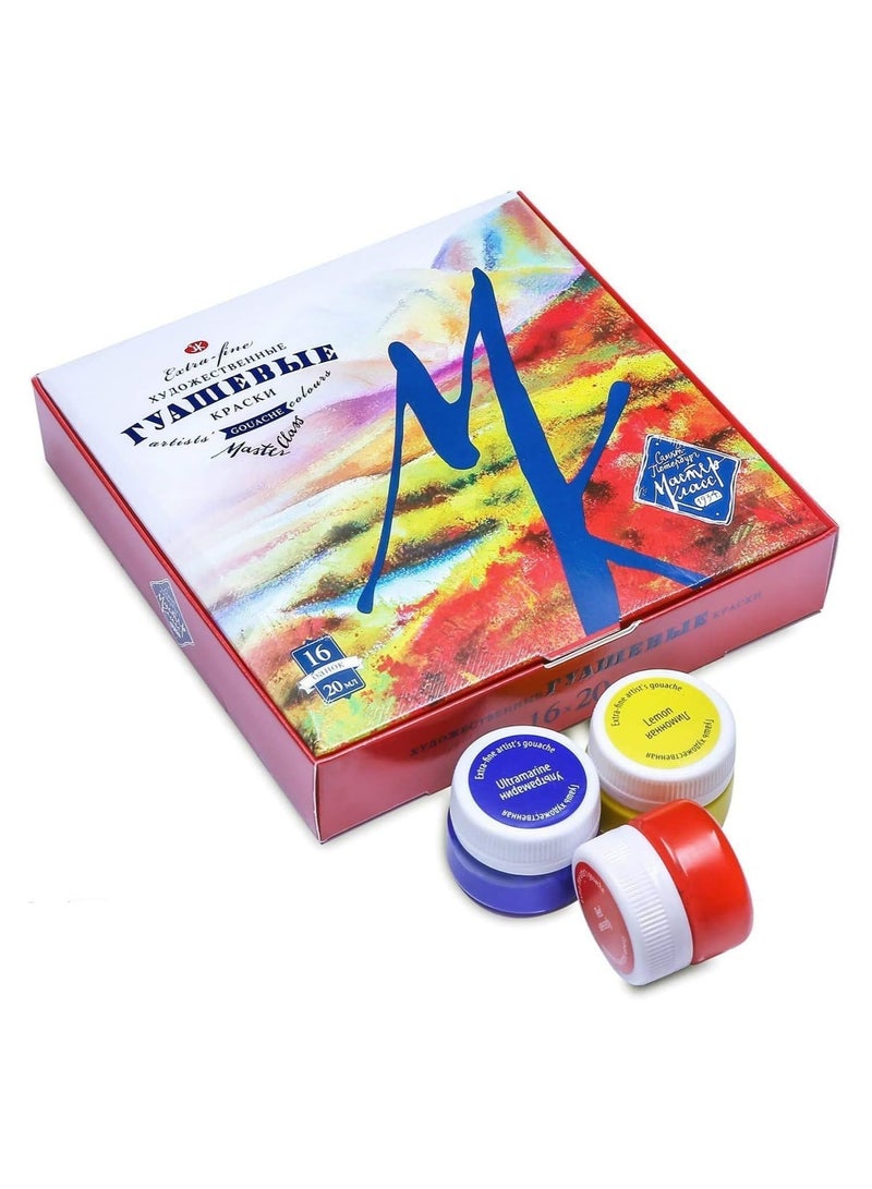 ماستر كلاس مجموعة ألوان الغواش الاحترافية من ماستر كلاس نيفسكايا باليترا، 16 زجاجة سعة 20 مل للرسم عالي الجودة - Image 1