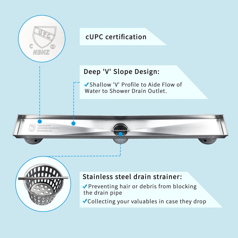 Neodrain 40-Inch Linear Shower Drain with Tile Insert Grate, Brushed 304 Stainless Steel Rectangle Shower Floor Drain, Linear Drain with Leveling Feet, Hair Strainer - Image 5