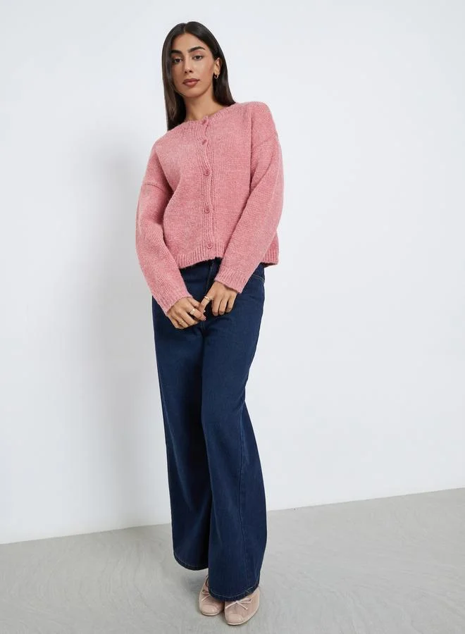 Styli Pink Knit Cardigan with Front Button