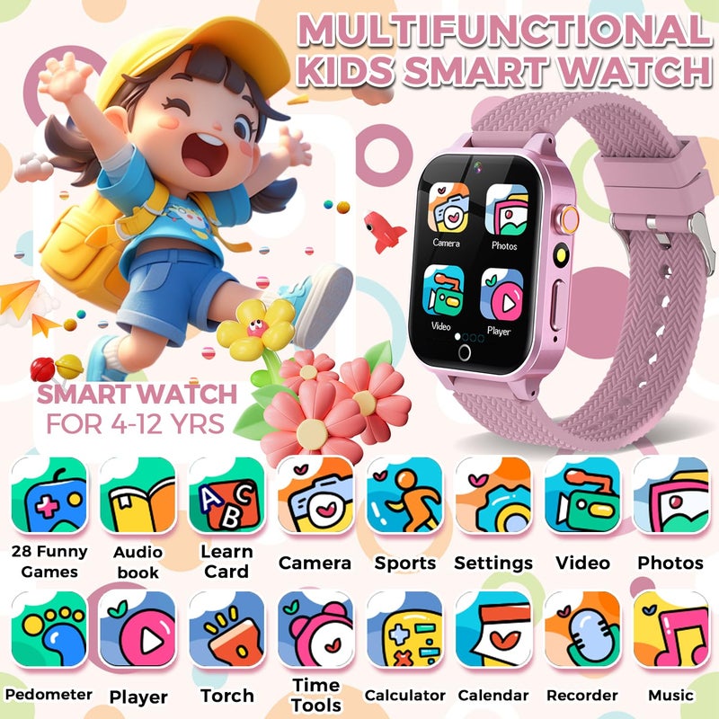 BEIARA Kids Smart Watch for Girls Age 3-12 with 26 Games Audiobook Learning Cards HD Video Camera Touchscreen Music Player Pedometer Metal Case Kids Watch Toy Birthday Gift with 2 Screen Protector (Pink)  - Image 2