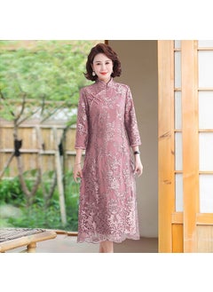 Generic Elegant Middle-Aged And Elderly Chinese Dress Lace Middle Sleeve Autumn/Winter New Style Womens Wedding Banquet Gown Pink  - Image 1