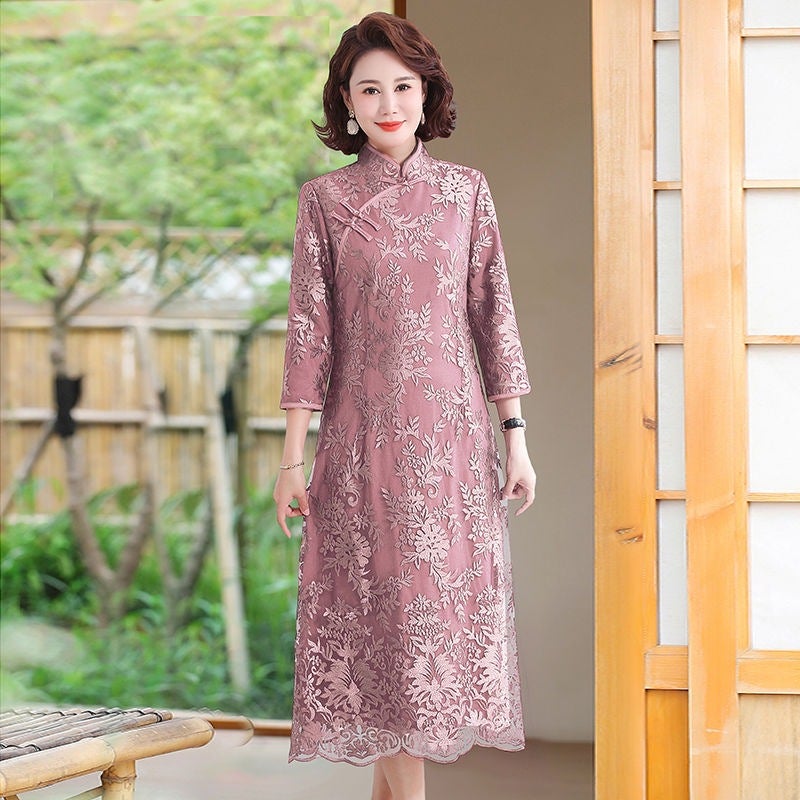 Lace Sleeve Cheongsam 2024 Autumn and Winter New dress Womens Noble Mother-in-law Middle-aged and Elderly Wedding Dress Pink  - Image 1
