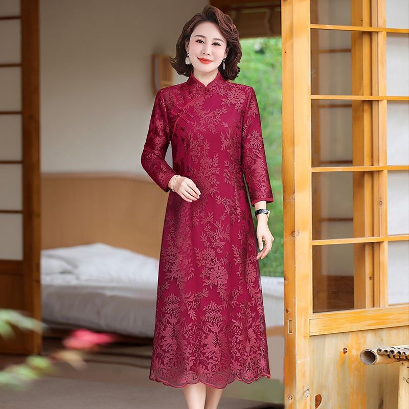 Lace Sleeve Cheongsam 2024 Autumn and Winter New dress Womens Noble Mother-in-law Middle-aged and Elderly Wedding Dress Pink  - Image 2