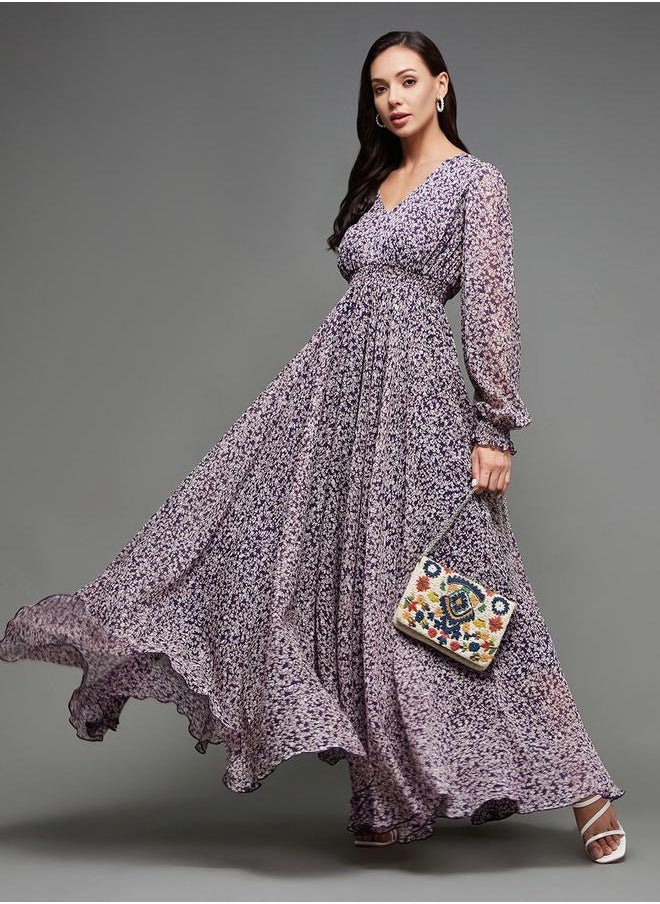 Miss Chase Floral Print Balloon Sleeve A-Line Maxi Dress by Styli  - Image 1