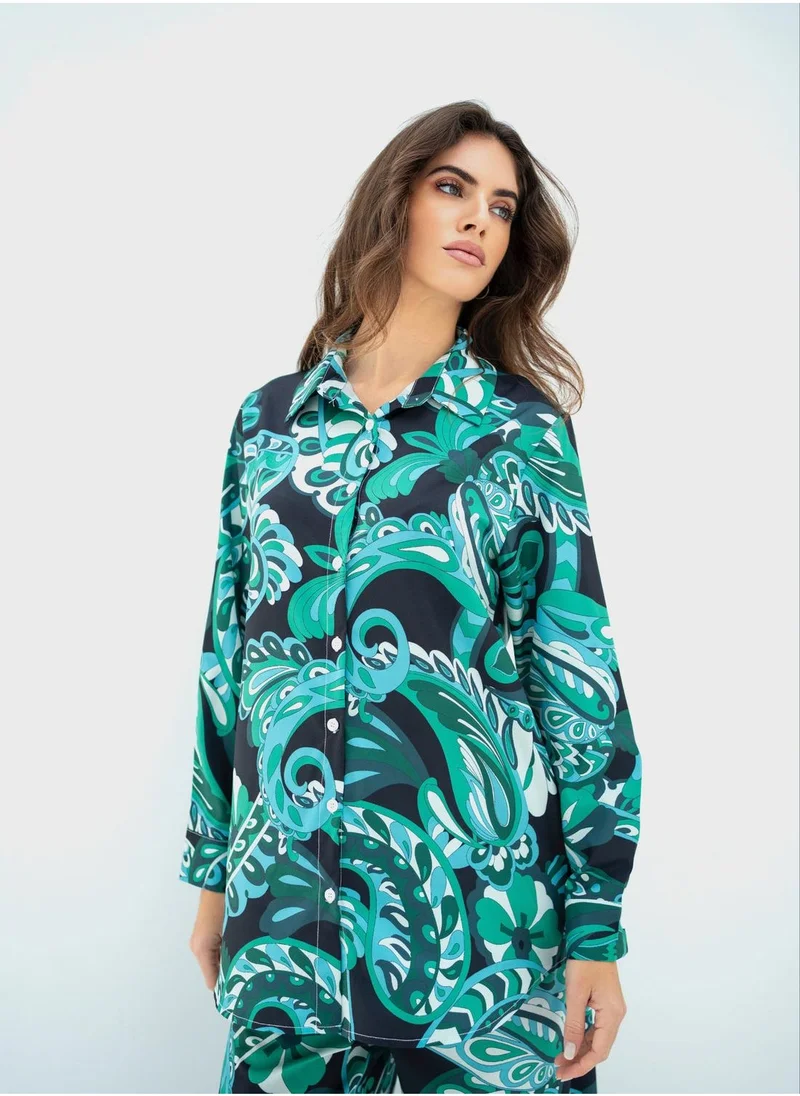 Hassal Floral Print Button Down Shirt And High Waist Pants Set