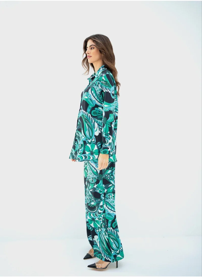 Hassal Floral Print Button Down Shirt And High Waist Pants Set