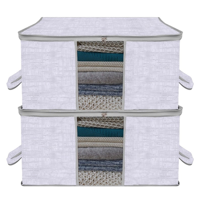 Kuber Industries Underbed Storage Bag Clothes Storage Organizer Clear Window Blanket Cover with Handle Jute PrintedDesign Large Pack of 2 Gray - Image 1