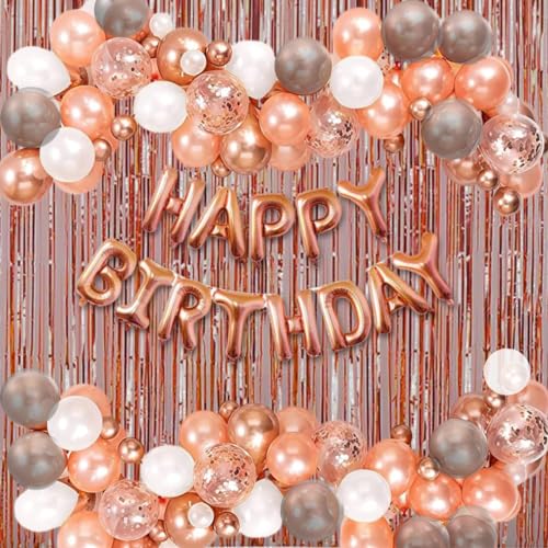 HK balloons Rubber 58 Pcs Set Rose Gold Happy Birthday Banner Balloon Arch Decoration Set With Confetti Balloon Pump For Birthday Decorations Rose Gold Birthday Decoration Theme For Girl - Image 1