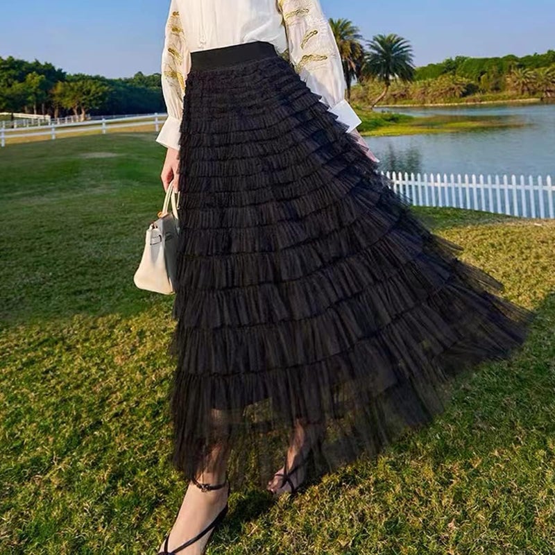 Flygo Women's Long Maxi Tulle Skirts A Line Ruffle High Waisted Tiered Layered Mesh Tutu Skirt Petticoat(Black-M) - Image 3