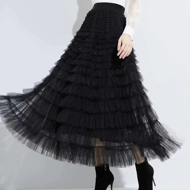 Flygo Women's Long Maxi Tulle Skirts A Line Ruffle High Waisted Tiered Layered Mesh Tutu Skirt Petticoat(Black-M) - Image 2