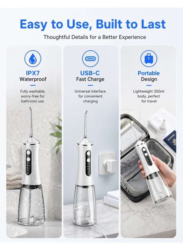 Woofixer 350ML Water Flosser for Teeth Cleaning 5 Pressure Modes 1800 Pulses Per Minute 350ML Tank 4 Replaceable Tips IPX7 Waterproof Type-C Rechargeable 45 Day Battery Oral Irrigator for Home Travel, White - Image 5