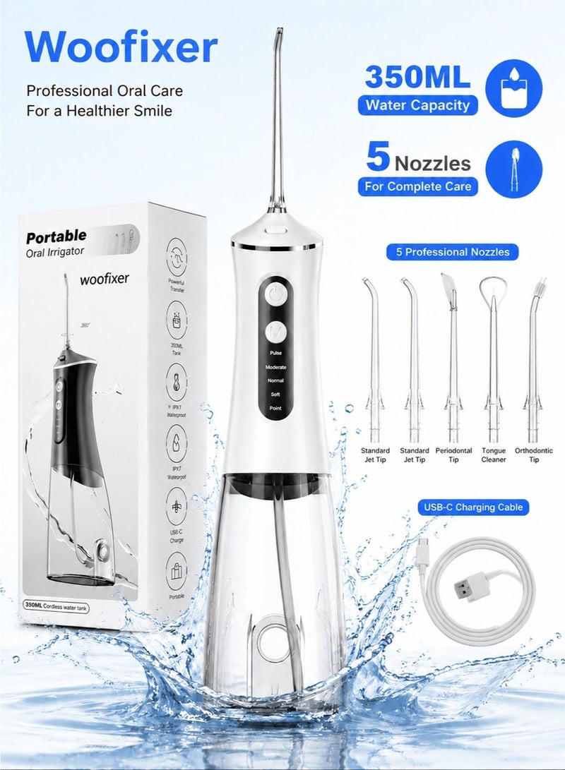Woofixer 350ML Water Flosser for Teeth Cleaning 5 Pressure Modes 1800 Pulses Per Minute 350ML Tank 4 Replaceable Tips IPX7 Waterproof Type-C Rechargeable 45 Day Battery Oral Irrigator for Home Travel, White - Image 1