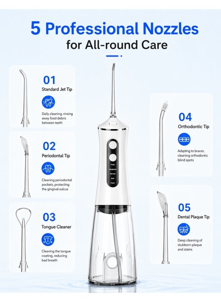 Woofixer 350ML Water Flosser for Teeth Cleaning 5 Pressure Modes 1800 Pulses Per Minute 350ML Tank 4 Replaceable Tips IPX7 Waterproof Type-C Rechargeable 45 Day Battery Oral Irrigator for Home Travel, White - Image 3