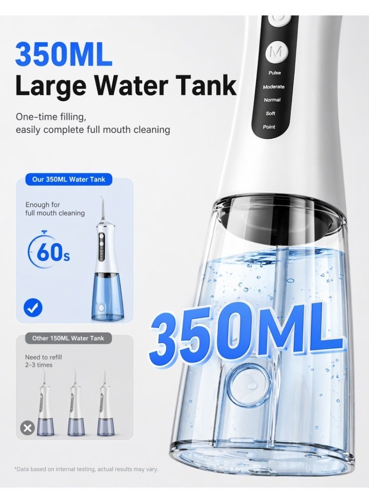 Woofixer 350ML Water Flosser for Teeth Cleaning 5 Pressure Modes 1800 Pulses Per Minute 350ML Tank 4 Replaceable Tips IPX7 Waterproof Type-C Rechargeable 45 Day Battery Oral Irrigator for Home Travel, White - Image 2