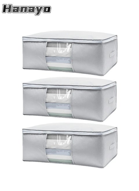 3 Pcs Storage Bags Foldable Closet Organizers Storage Containers with Handle Clear Window Storage Containers for Bedding Comforters(Grey)