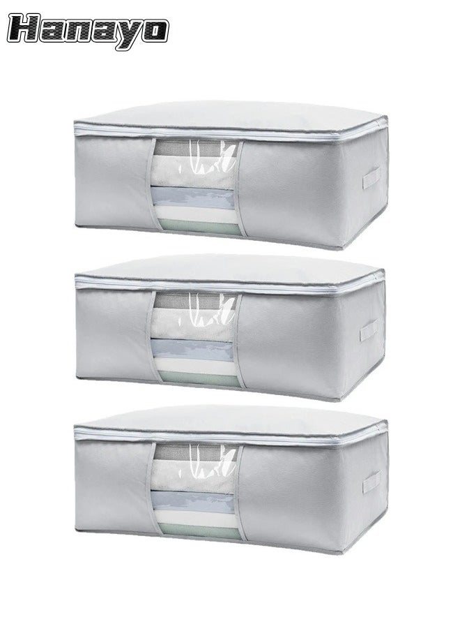 3 Pcs Storage Bags Foldable Closet Organizers Storage Containers with Handle Clear Window Storage Containers for Bedding Comforters(Grey)