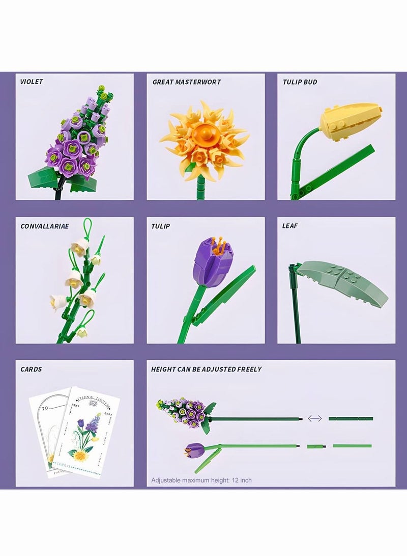 باقة بناء جناح ، كتلة بناء زهرة اصطناعية ، ديكور المنزل ، 534 قطعة من مجموعات النباتات الكبار ، غير متوافق مع ليغو ( البنفسج / ماجستير كبير / توليب ) - Image 2