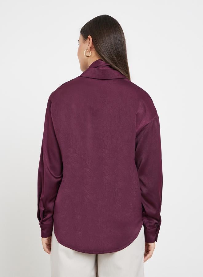 Styli Burgundy Satin Shirt with Neck Scarf - Image 4