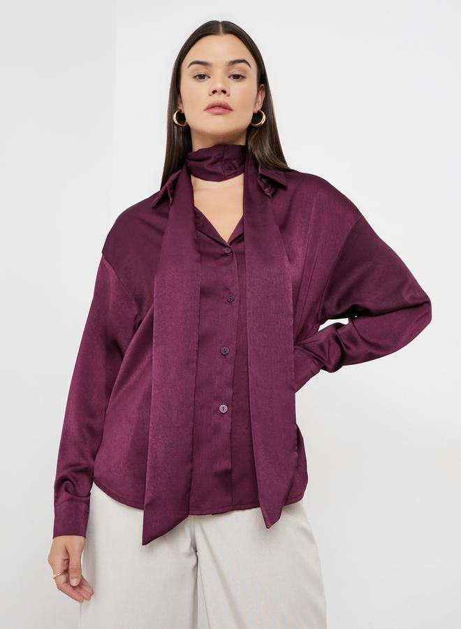 Styli Burgundy Satin Shirt with Neck Scarf - Image 1