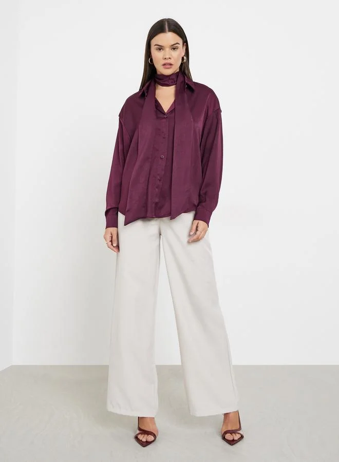 Styli Burgundy Satin Shirt with Neck Scarf