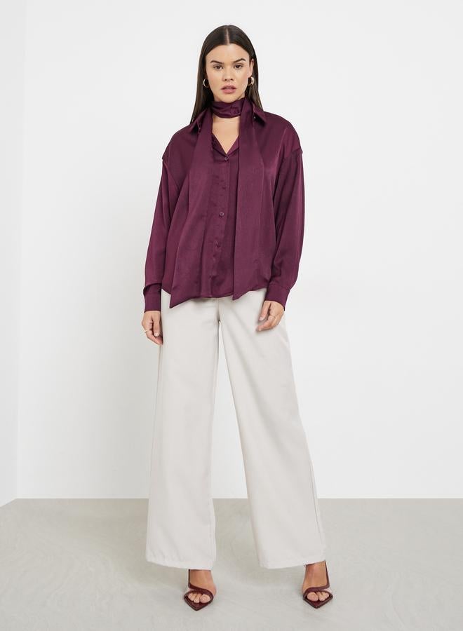 Styli Burgundy Satin Shirt with Neck Scarf - Image 2