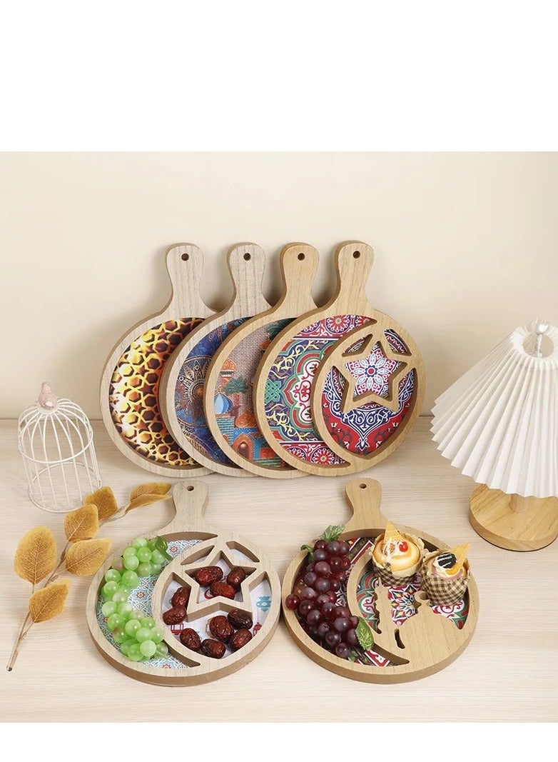 صينية تقديم خشبية بمقبض لتقديم الوجبات الخفيفة والفاكهة والحلوى صينية تقديم دائرية لتزيين حفلات رمضان والعيد - Image 2