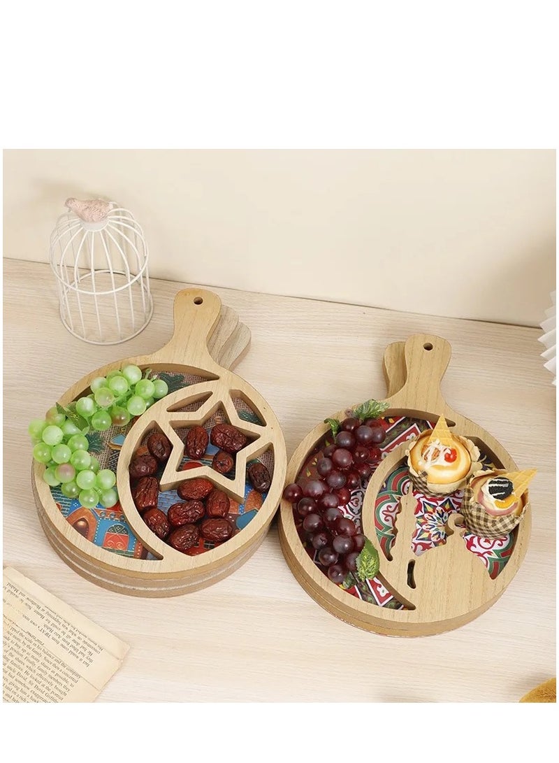 صينية تقديم خشبية بمقبض لتقديم الوجبات الخفيفة والفاكهة والحلوى صينية تقديم دائرية لتزيين حفلات رمضان والعيد - Image 3