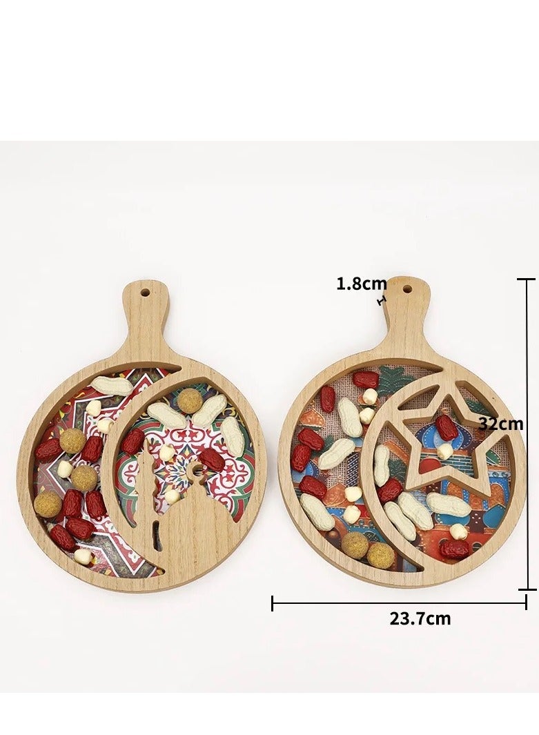 صينية تقديم خشبية بمقبض لتقديم الوجبات الخفيفة والفاكهة والحلوى صينية تقديم دائرية لتزيين حفلات رمضان والعيد - Image 4