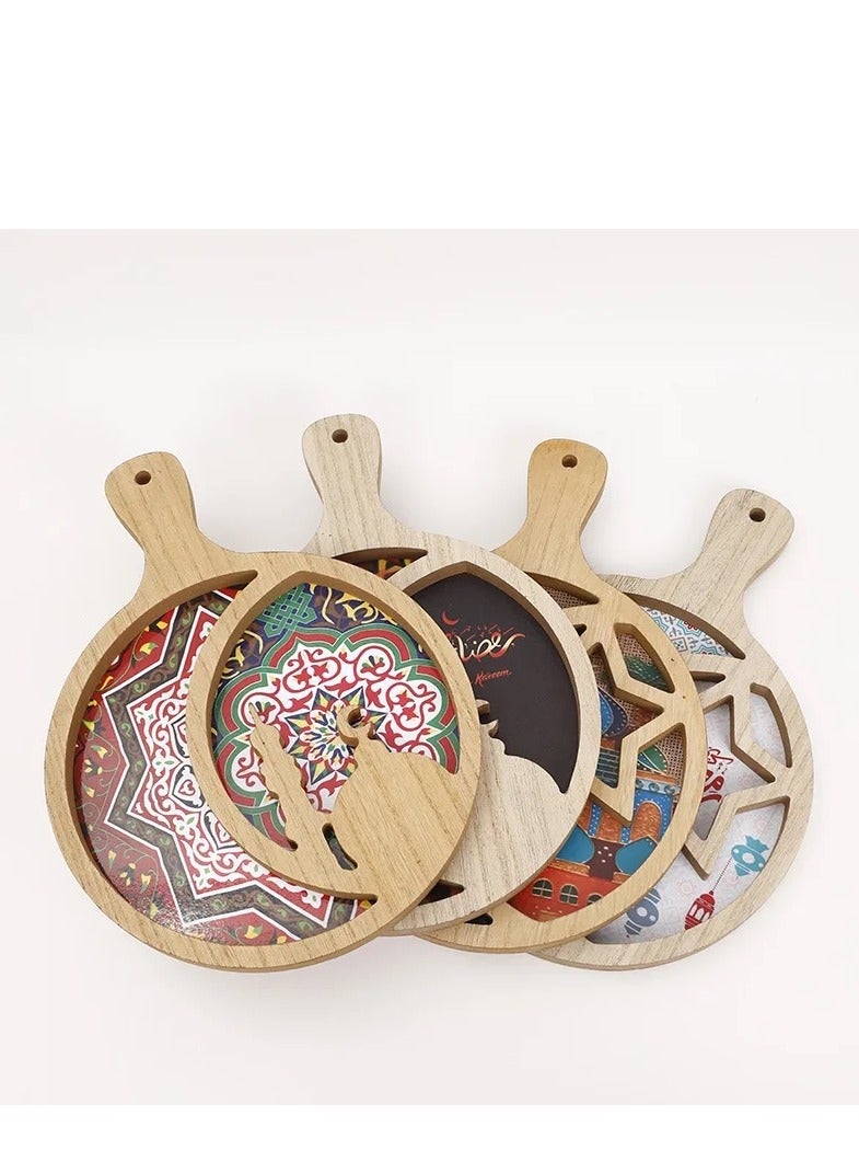 صينية تقديم خشبية بمقبض لتقديم الوجبات الخفيفة والفاكهة والحلوى صينية تقديم دائرية لتزيين حفلات رمضان والعيد - Image 5