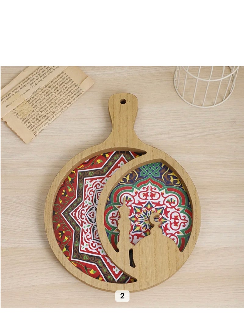 صينية تقديم خشبية بمقبض لتقديم الوجبات الخفيفة والفاكهة والحلوى صينية تقديم دائرية لتزيين حفلات رمضان والعيد - Image 1