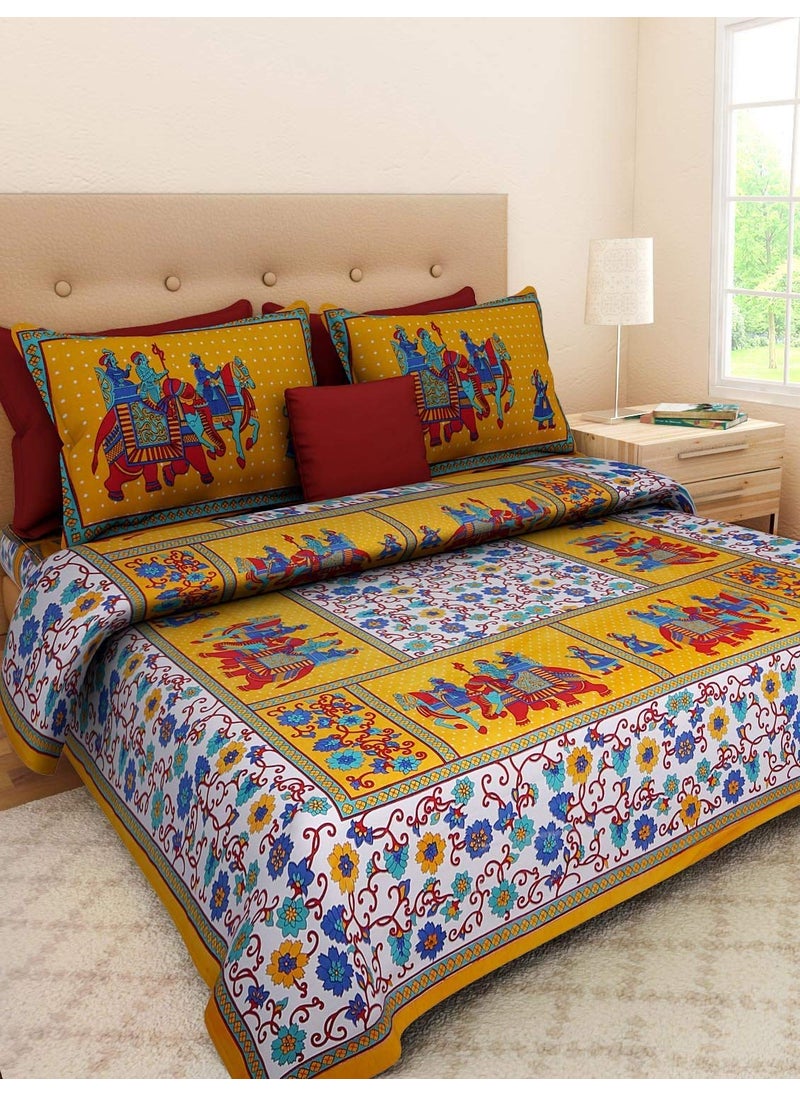 Queenie Queenie Brand Traditional Cotton Mandala Jaipuri Printed Bedsheet for Double Bed King Size with 2 Pillow Covers| H603 | 144 TC | Yellow  - Image 4